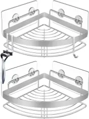 2 Pack Wall Mounted Adhesive Stainless Steel with Hooks Bathroom Shelf Storage Organizer
