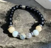 Mens Amazonite & Onyx Matte Gemstone Beaded stretch Bracelet 8mm Healing