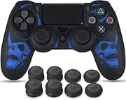 Laser Carving Silicone Skin for PS4 Controller x 1(Skulls Blue) with Exclusive Thumb Grips x 8