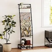 Blanket Ladder with Shelf, 6 Layer Wall-Leaning Blanket Rack,Farmhouse Ladder Rack for Storage and Home Decor, Freestanding Towel Rack for Living Room Bathroom, Rustic Brown and Black