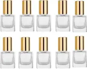 Square Glass Essential Oils Roller Bottle, 5ml Perfume Essential Oil Bottles Refillable Thick Glass Mini Bottles With Stainless Steel Roller Ball, Aluminum Cap, 10pcs (Gold)
