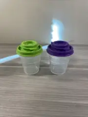Tupperware Midgets Salt and Pepper Shakers Mini 2 oz Green & Purple Tops New!