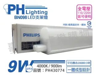 【PHILIPS飛利浦】BN098C LED 9W 4000K 自然光 2尺 全電壓 支架燈 層板燈 (3折)