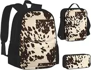 [ERCgad] Brown Cowhide Print Canvas 3-In-1 School Bags Set Backpack Lunch Bag Pencil Case Combo For Men Women, Black, One Size