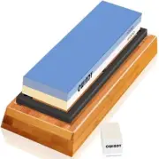 Dual Sided Sharpening Stone Whetstone Kitchen Knife Sharpener with Wood Base
