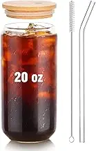 DAMCONME 1 Pcs 20 Oz Drinking Glasses with Bamboo Lid and Straw, Glass Tumbler for Iced Coffee,Smoothie,Cocktail,Whiskey,Soda,Matcha-1 Glass Straw 1 Brush