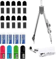 RobLuX Pack of 200 2B Compass Refills Compass Refills 2 mm Diameter Comes with 1 Compass, 4 Erasers and 4 Compass Tips for Mathematical Drawing Creation