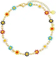 [KELMALL] 14K Gold Plated Colorful Daisy Anklet for Women – Boho Enamel Flower Adjustable Ankle Bracelet for Summer Beach Vacation Jewelry Gift