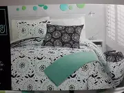 7 pcs Cynthia Rowley Full Duvet Set & Sheet Set Black Aqua Green Dots & Flower