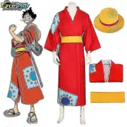 Anime Luffy Cosplay Costume Wano Country Monkey D. Luffy Cosplay Kimono For Man Adults Red Cardigan Hat Halloween Costumes costume and hat M