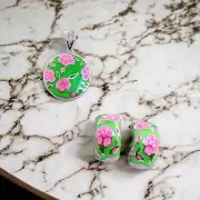 Blooming Green and Pink Pendant with Earrings 925 Sterling Silver Enamel CZ Set