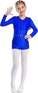 [TiaoBug] Kids Girls Sequin Ballet Dance Gymnastics Leotard Athletic Biketard Long Sleeve Fringe Short Jumpsuit