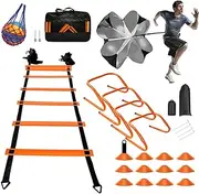 30PCS Agility Training Equipment Kit, Football Training Equipment, Speed Training Set for Kid Youth Adults,6m Agility Ladder,4 Hurdles,12 Soccer Cones,Resistance Parachute,Ball Net(Orange)