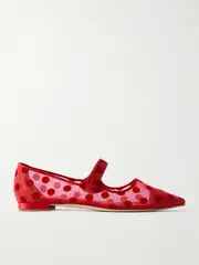 [Manolo Blahnik] Manolo Blahnik - Campari Grosgrain-trimmed Flocked Mesh Ballet Flats - Red - IT38 IT 38 Red