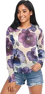[RPLIFE] Blue Purple Pansies Mesh Long Sleeve Tops for Women, Sheer Top S-XXL