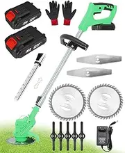 Electric Lawn Mower, Cordless Lawn Trimmer, Cordless Pruner with 21V Lithium Battery and Charger 3 Types of Saw Blades Cutting Width 20CM Adjustable Telescopic Handle Handles,Green