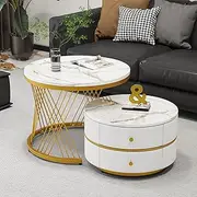 High Gloss Gold Coffee Table Set with Marble Pattern Top White Drawers and Storage Nesting Tables for Living Room 60x60x46cm + 50x50x31cm