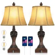 Set of 2 Touch Control 3-Way Dimmable Table Lamps with 2 USB Charging Ports T...