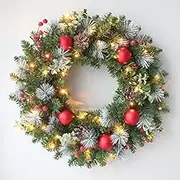 Pre-Lit Christmas Wreath with Lights Artificial Christmas Wreath Decorated with Pine Cones Berry Clusters Frosted Branches Ball Ornaments Christmas Decorations for Window Indoor & Outdoor (20 in)