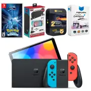 Nintendo Switch Neon Red/Blue OLED + Pokemon Brilliant Diamond + Accessory Kit