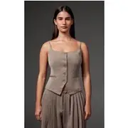 Premium Taupe Woven Button Up Detail Tailored Top, Taupe