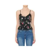 Aplaze Floral Print Peplum Hem V-Neck Cami Top Black 65943