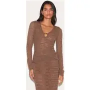 Chocolate Sheer Bobble Crochet Long Sleeve Beaded Keyhole Cut Out Top, Chocolate