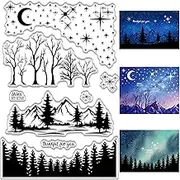 CRASPIRE Pine Tree Forest Mountain Scenery Clear Rubber Stamp Star Moon Vintage Christmas Transparent Silicone Seals Stamp Retro for Journaling Card Making DIY Scrapbooking Handmade Album Notebook