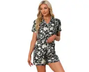 cheibear Hawaiian Shirt with Shorts Pajama Sets Black-White