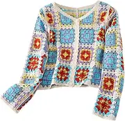 [Oxtxuzdm] Women Autumn Long Sleeve Crochet Cardigan Ethnic Hollow Knit Colorful Geometric Pattern Button Down Sweater Coat For Jac