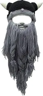 [EBTOYS] Viking Beard Beanie Horn Hat Winter Warm Mask Hat Knitted Winter Hats Funny Skull Cap for Women Men- Grey, Grey, Medium