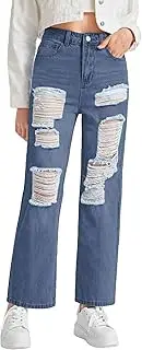 [WDIRARA] Girl's Graphic Butterfly Print Ripped Jeans Straight Leg Distressed Jean Pants