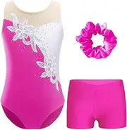 [FEESHOW] Kids Girls Sparkly Gymnastics Ballet Dance Leotard Figure Skating Bodysuit with Shorts Hairband Set