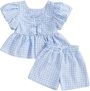 [Thorn Tree] Toddler Girls Clothes Set Ruffle Sleeve Hem Top Cardigan Elastic Waist Shorts Plaid Printed Summer 2Pcs Outfits, Light Blue, 12-18 Months