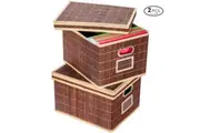 Costway 2x Bamboo Storage Boxes Folding Picnic Baskets Large Organizer Hamper w/Removable Lids & Metal Handles Coffee