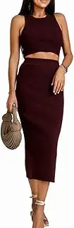 [Scacto] Women's 2 Pieces Outfits Ribbed Cut Out Back Crop Tank Top and Split Side Bodycon Midi Skirt Set