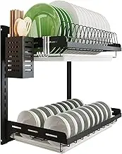 Kitchen Dish Rack Hanging Drying Plate Organizer Storage Shelf Over The Sink,Junyuan 2 Tier Wall Mount Bowl Holder with Drain Tray with 3 Hooks,Stainless Steel Black Coating (2 Tier, 16)