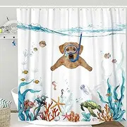 [Fowocu] Funny Dog Shower Curtain Set Teal Blue Sea Ocean Waterproof Fabric with Animal Octopus Starfish Turtle Anchor Fish Nautical Bathroom Curtain Decor (Orange, 72''×72'')