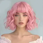 Pink Curly Wave Bob Wig with Bangs