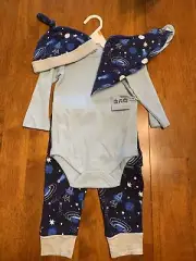 Miniville Boy’s 4 Piece 12M One Piece Shirt,Pants,Hat,Bib Space Theme New