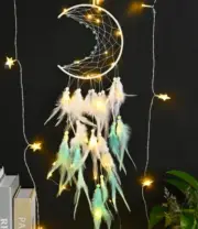 Moon Dream Catchers Room Wall Hangings Decor with Light Colorful Blue Feather