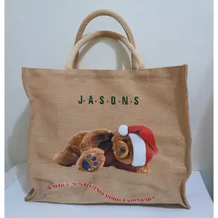 JASONS MARKET 聖誕泰迪熊 麻製提袋/購物袋/環保袋/手提袋