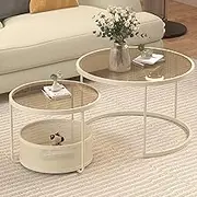 Nesting Coffee Table Set, Hollow Bottom Frame Storage, 2 in 1 Round Stacking Side Tables, for Living Room Bedroom Living Room, Office(White+Brown,27in+22in)