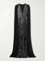 [Jenny Packham] Jenny Packham - Zenith Cape-effect Embellished Chiffon Gown - Black - UK 16 UK 16 Black