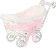 Wicker Stroller Decoration Rattan Carriage Doll Stroller Woven Flower Basket Baby Shower Centerpiece for Party Favors Pink