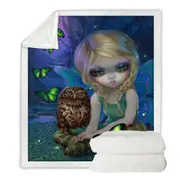 Summer Fairy with Her Owl and Butterflies Throw Blanket