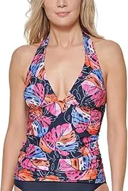 [Tommy Hilfiger] Printed Halter Tankini Top Monstera Leaf Sky Captain Mult X-Small Blue