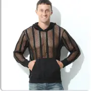 Men Fishnet Sheer Tops Shirt Hoodies Pullover Hollow Out Sexy Party Wet Look