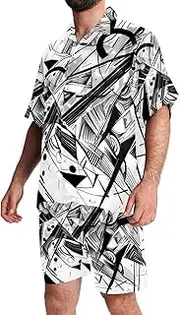 [KQNZT] Mens Hawaiian Sets, Mens Short Sets 2 Piece Outfits, Beach Outfits for Men, Modern Black White Geometric Ethnic Tribal, Men Summer Outfits