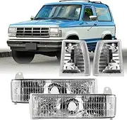 USR 89-90 Bronco II SUV Front Signal Light – Corner Lamps (Left + Right) 4pc Set - Compatible with 1989-1990 Ford Bronco 2/89-92 Ranger PickUp Truck (CRYSTAL CLEAR CORNER and TURN SIGNAL LIGHTS)